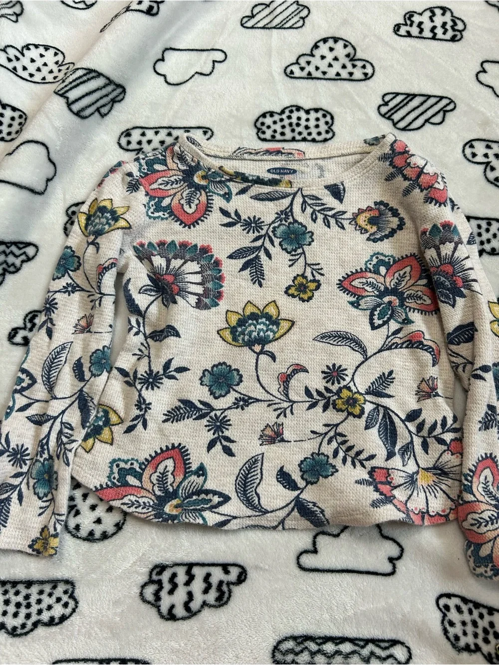 Old Navy Cream Floral Knit Top with Pink, Teal & Yellow Accents